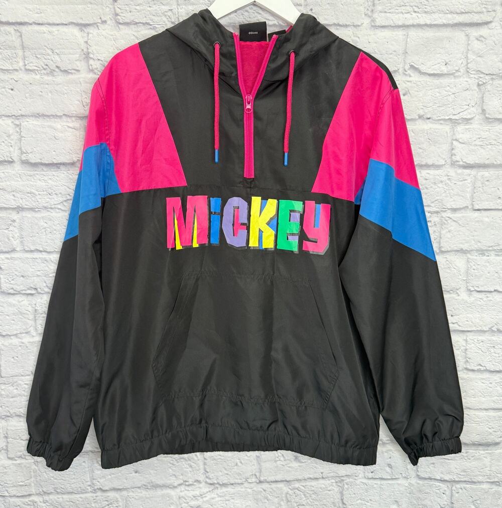 Vintage Mickey Mouse Color Block Pullover Windbreaker Size Sm Black Pink 90s